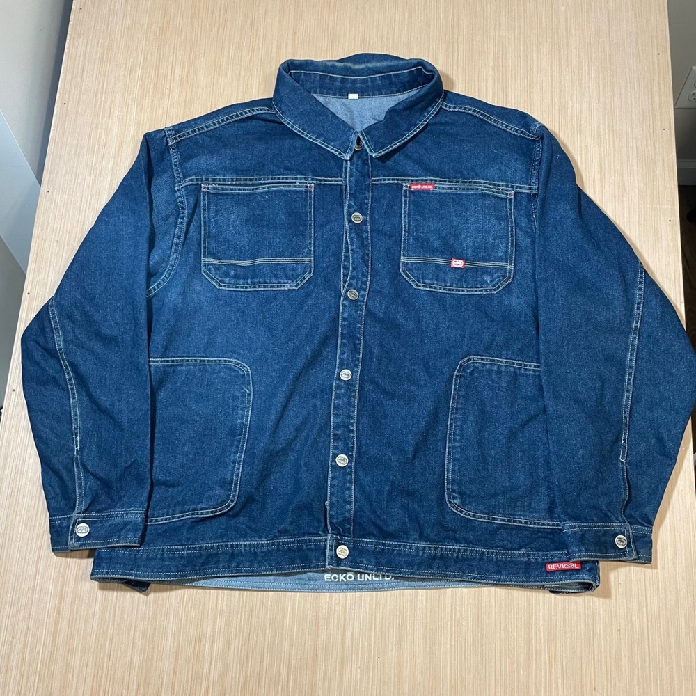 Ecko Unltd Denim Chore Jacket Mens XXXL Dark Wash Rhino Logo Streetwear